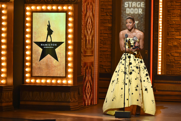 Renée Elise Goldsberry accepts the award for Best Performance by an Actress In a Featured Role In a Musical for her work in Hamilton during the 70th Annual Tony Awards on June 12, 2016. (Theo Wargo/Getty Images for Tony Awards Productions)